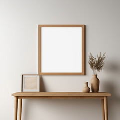 Blank Wood Frame Mock Ups for Art, Prints, and Photos - on Light Background with Wood Table Underneath, Modern Accessories - Generative AI