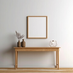 Blank Wood Frame Mock Ups for Art, Prints, and Photos - on Light Background with Wood Table Underneath, Modern Accessories - Generative AI