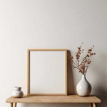 Blank Wood Frame Mock Ups for Art, Prints, and Photos - on Light Background with Wood Table Underneath, Modern Accessories - Generative AI