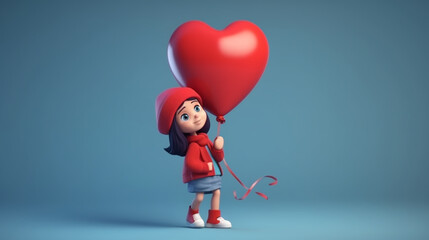 3D illustration of a little girl with heart shaped red balloon. Image Generative AI.