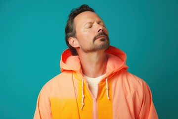 Fototapeta premium Man in orange jacket with closed eyes on turquoise background.