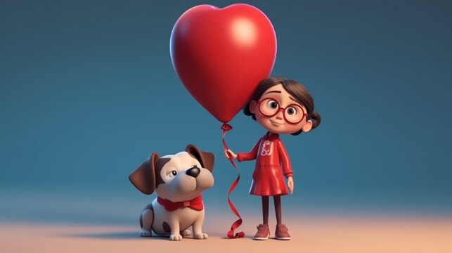 3D illustration of a cute little girl with her dog and red heart shaped ballon on flat color background. Image Generative AI.