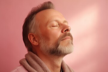 Obraz premium Portrait of a middle-aged man in a pink sweater on a pink background