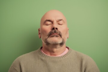 Portrait of a bald man with closed eyes on a green background