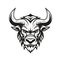 angry zebu, vintage logo line art concept black and white color, hand drawn illustration