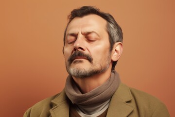 Obraz premium Man in a coat and scarf closing his eyes with his hand.