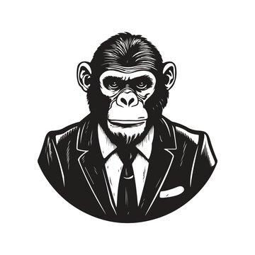 ape wearing suit, vintage logo line art concept black and white color, hand drawn illustration