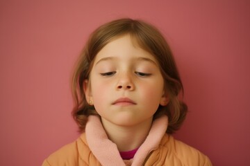 Portrait of a cute little girl on a pink background. Close-up.