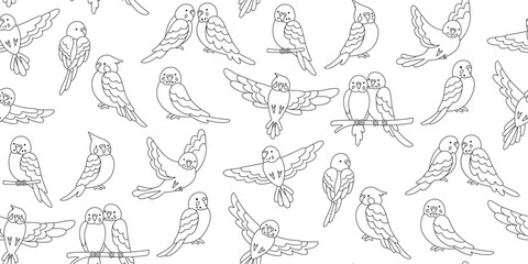 Flying Parrot tropical outline doodle seamless pattern. Exotic birds repeat line ornament background. Summer funny design parrots wallpaper textile fabric, endless packaging, boundless vector decor