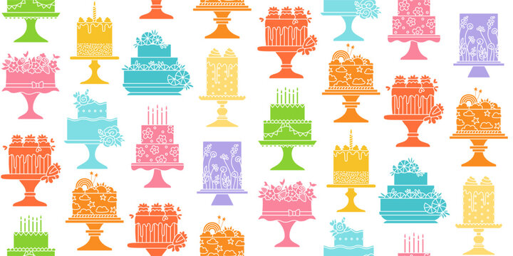Birthday cakes celebration desserts seamless pattern. Party delicious cupcake sweet bakery boundless background. Holiday decoration cake abstract ornament pastries endless texture happy cartoon vector