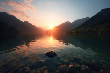 山と湖、夕焼け、Mountains and lakes、sunset