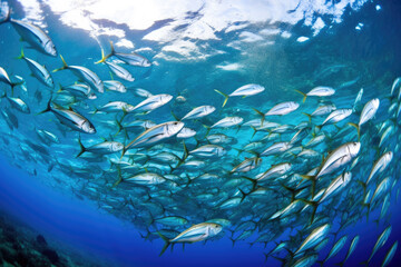 Fantastic underwater world, a large school of fish.