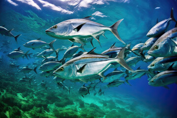 Fototapeta na wymiar Fantastic underwater world, a large school of fish.