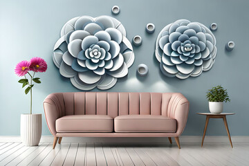 pastel color, 3d mural illustration wallpaper with flowers and circles in light gray background