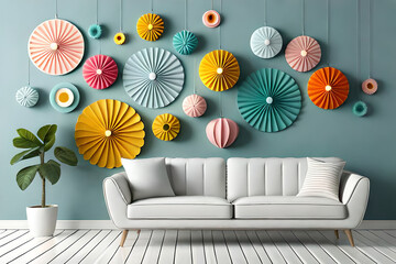 pastel color, 3d mural illustration wallpaper with flowers and circles in light gray background