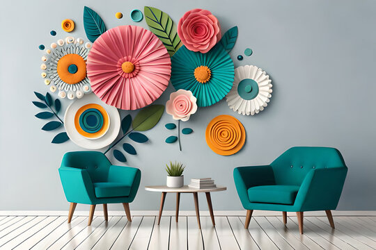 pastel color, 3d mural illustration wallpaper with flowers and circles in light gray background