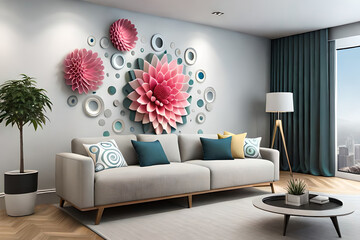 pastel color, 3d mural illustration wallpaper with flowers and circles in light gray background