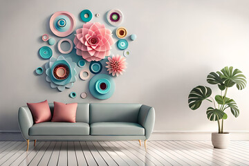 pastel color, 3d mural illustration wallpaper with flowers and circles in light gray background