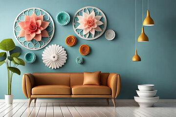 pastel color, 3d mural illustration wallpaper with flowers and circles in light gray background