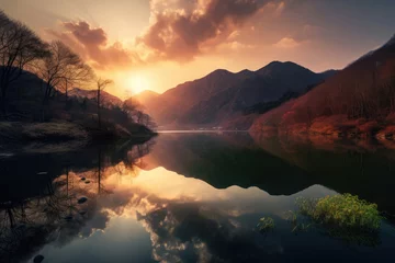 Abwaschbare Fototapete Lachsfarbe 山と湖、夕焼け、Mountains and lakes、sunset