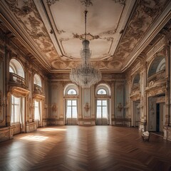 Fototapeta na wymiar Grand ballroom in the palace, with chandeliers, with decorations on the walls and ceiling, interior photography, palace, ballroom, luxury, chandeliers, velvet curtains, generated in AI