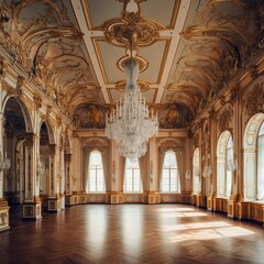 Grand ballroom in the palace, with chandeliers, with decorations on the walls and ceiling, interior photography, palace, ballroom, luxury, chandeliers, velvet curtains, generated in AI - obrazy, fototapety, plakaty