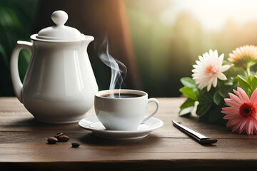 Fototapeta premium Photo a cup of coffee and a phone on a table with a flower vase next to it
