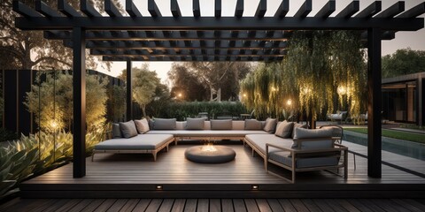 Modern balcony patio building with rest area for family in elegant stylish villa or hotel. distinct generative AI image. - obrazy, fototapety, plakaty
