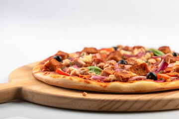 Pizza with salami and olives on white background. AI Generative.