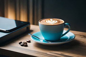 Photo a cup of coffee and a phone on a table with a flower vase next to it