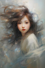 Young girl with dark hair in a white dress Generative AI