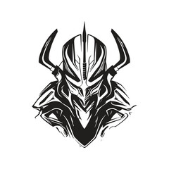 battle alien cybernetic, vintage logo line art concept black and white color, hand drawn illustration