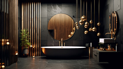 Modern Japandi Inspired Master Bathroom Interior Design with Black Matte Walls, Gold Accessories and Hardware, and Wood Textures - Generative AI