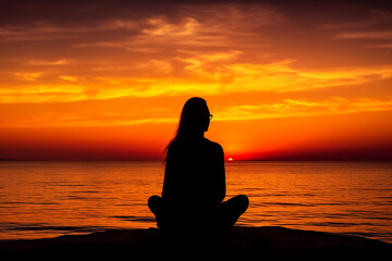 yoga on the beach silhouette Woman meditating in front of a sunset over the sea, Generative AI