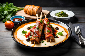 roasted lamb stick meat served dish with capers over wood, beautifull dresssing