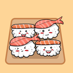 four cute sushi in kawaii style with smiling faces. Japanese traditional cuisine dishes. Can be used for t-shirt print, sticker, greeting card, menu design.