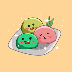 Stack of cute mochi in kawaii style with smiling faces. Japanese traditional cuisine dishes. Can be used for t-shirt print, sticker, greeting card, menu design.