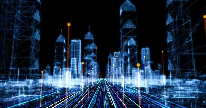 Smart City Covered By Free Wireless Network. High Speed Optical Fibers. Technology Related 3D Animation.