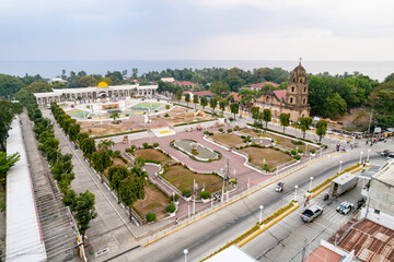 Guimbal, Iloilo, Philippines - April 2023: Aerial of Guimbal church and the town plaza.