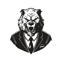 beast wearing suit, vintage logo line art concept black and white color, hand drawn illustration