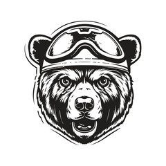 bear wearing motorcycle helmet, vintage logo line art concept black and white color, hand drawn illustration