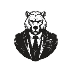 beast wearing suit, vintage logo line art concept black and white color, hand drawn illustration