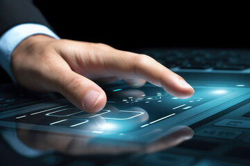 Fototapeta premium businessman hand pushing new technology button on modern computer.