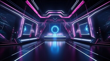 A dark room with neon lights background for e-sport stage. Created with Generative AI tools. 