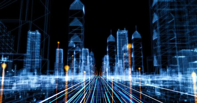 Futuristic Smart City Covered By Free Wireless Network. High Speed Internet Connection. Technology Related 3D Animation.