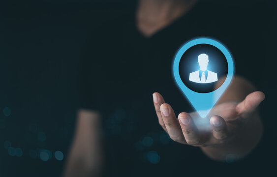 Target customer, buyer persona, customer behavior concept. Businessman shows target customer on virtual screen. Marketing plan and strategies. Marketing target audience concept.