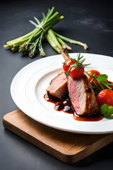 roasted lamb stick meat served dish with capers over wood, beautifull dresssing