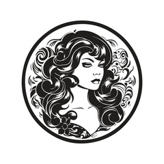 beautiful fantasy woman, vintage logo line art concept black and white color, hand drawn illustration