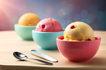 Set of bowls with various colorful Ice Cream scoops with different flavors dressing with fresh ingredients