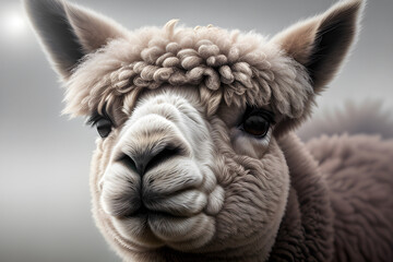 Fototapeta premium Very beautiful alpacas in the fog and with beautiful lighting. Generative AI